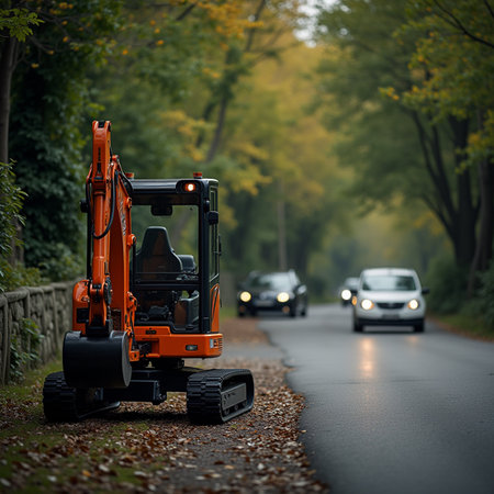 Orange excavator on the road in the middle of the forest.の素材