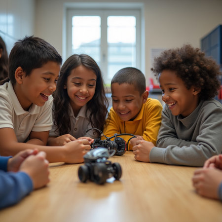 Front view of diverse elementary school kids looking at camera in classroom at schoolの素材