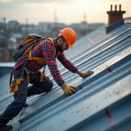 Handyman working on the roof of a house. Construction industryの素材