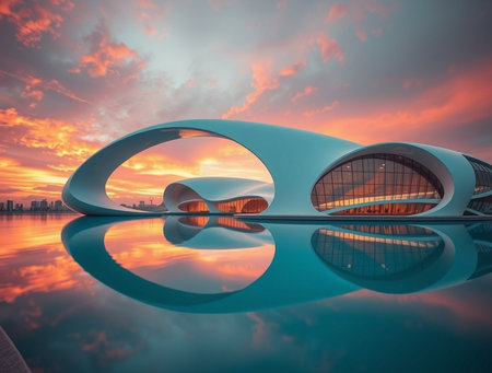 3D render of modern architecture in the city at sunset with reflectionの素材