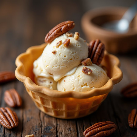 Pecan ice cream with pecan nuts in a bowl on wooden backgroundの素材