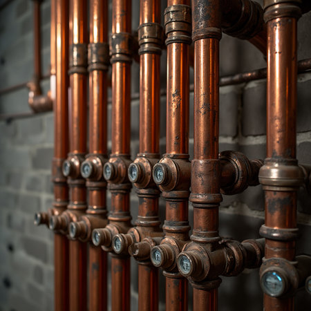Close-up of pipes in a boiler room. Shallow depth of field.の素材