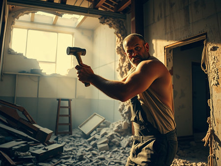Mature man hammering a nail into a wall in a roomの素材