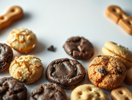 cookies with chocolate and nuts on a white background, food closeupの素材