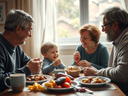 Happy family having breakfast together at home. Grandparents, grandmother, grandfather and grandson eating healthy food.の素材
