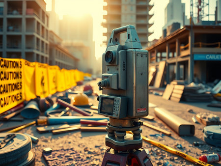 Surveyor equipment at construction site. Theodolite or theodolite is theodolite for measuring the ground level.の素材