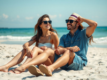 Happy young couple in sunglasses sitting on the beach and looking at each otherの素材