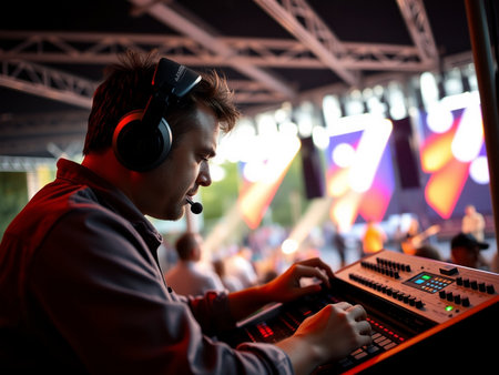 Portrait of a young male DJ playing music at a live concertの素材