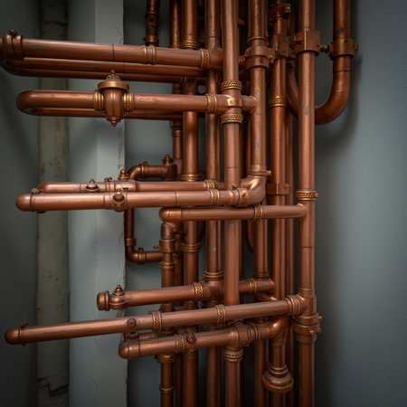 old copper pipes on the wall in a factory, closeup of photoの素材