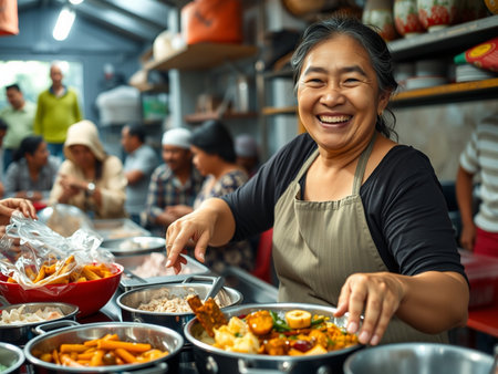 Smiling asian woman serving food to customer at street food marketの素材