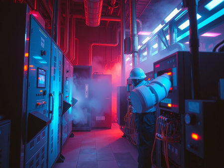 Electrician working in a power plant. Electrician at work.の素材