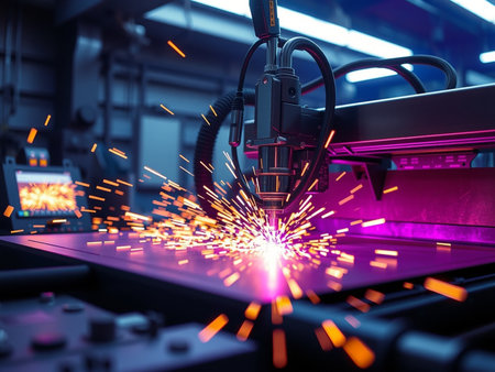 Industrial laser cutting metal with sparks, industrial background. 3d renderingの素材