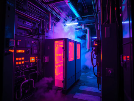 Interior of a modern boiler room at night with lights and smokeの素材