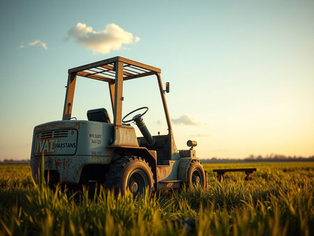 Agricultural machinery on the field. Tractor at sunset.の素材
