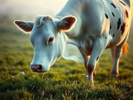 Cow on a green meadow at sunset, close-up.の素材