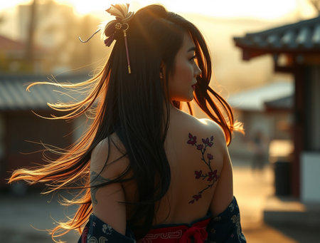 A shot of a beautiful Asian woman in a kimonoの素材