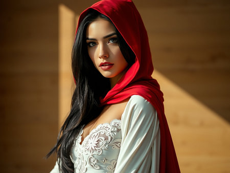 fashion interior photo of beautiful sensual woman with dark hair in elegant clothes and accessories posing in studioの素材