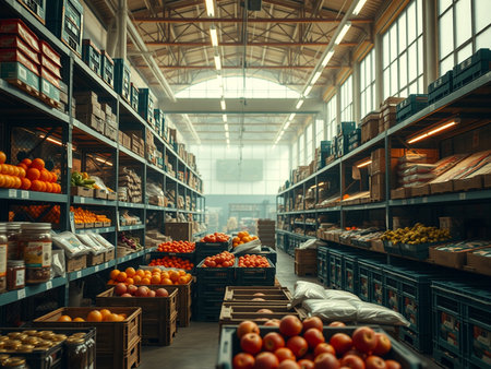 fruits and vegetables on shelves in a supermarket. toned imageの素材