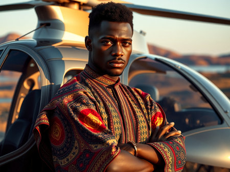 Portrait of a handsome African American man in traditional clothes standing near the helicopter.の素材