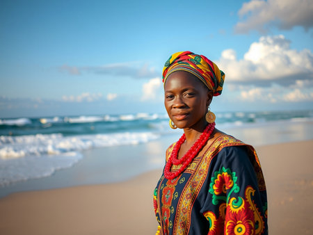 young beautiful African woman in traditional clothes standing on the beach, looking at cameraの素材