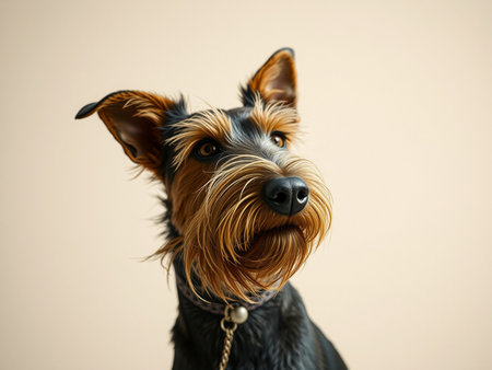 Portrait of a cute Yorkshire Terrier dog on a light backgroundの素材
