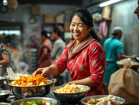 Young Asian woman preparing food in the street food market in Thailandの素材