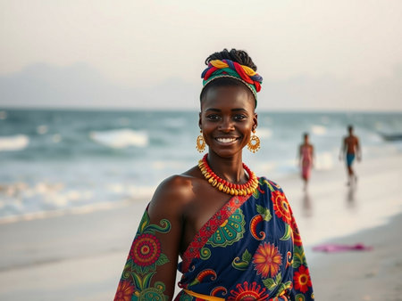 Portrait of beautiful African woman in traditional dress on the beachの素材