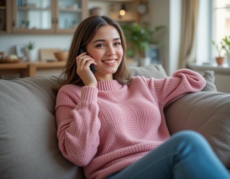 Smiling young woman talking on mobile phone while sitting on sofa at homeの素材