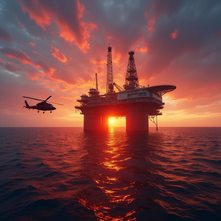 Oil and gas platform in the sea at sunset. 3d renderの素材