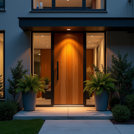 Front door of a modern house at night. 3D rendering.の素材