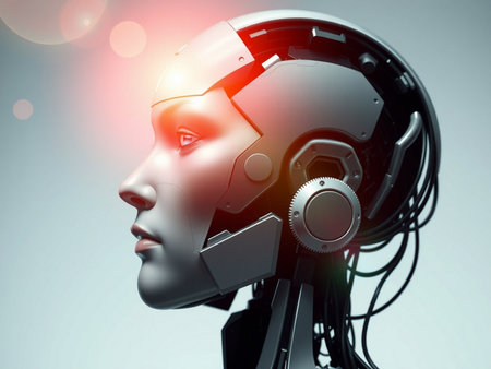 Cyborg woman cyborg head with headset. Artificial intelligence concept. 3D Renderingの素材