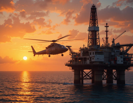 Helicopter landing on oil platform in the sea at sunset.の素材