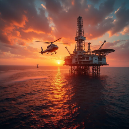 Drilling platform in the sea at sunset. Oil and gas industry.の素材