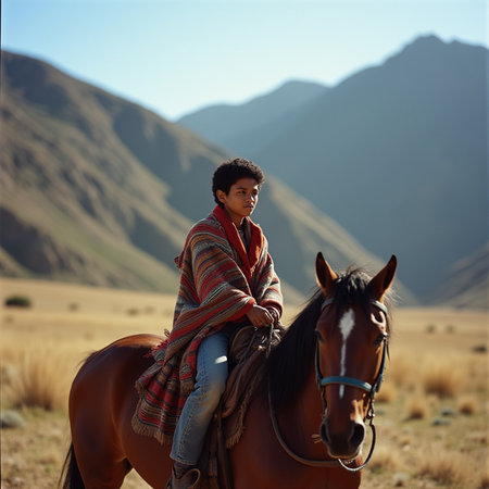 Young man sitting on the horse and looking at the mountains in the backgroundの素材