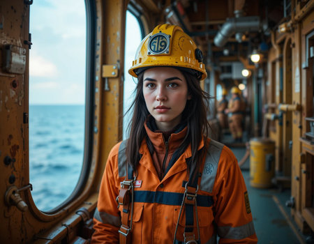 Portrait of a female oil worker on the deck of a shipの素材