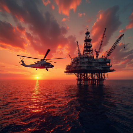 Offshore oil and gas production platform at sunset. 3D renderの素材