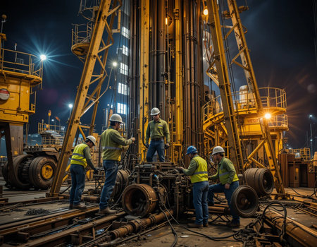 Engineer and foreman work on construction site at night time.の素材