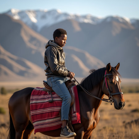 Young man riding a horse in the middle of the steppe.の素材