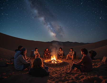 Group of people sitting around a campfire in the desert at nightの素材
