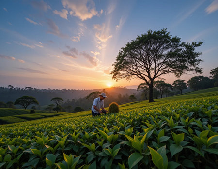 Sunset at Tea Plantation, Chiang Rai Province, Thailandの素材