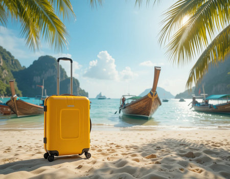 Travel suitcase on the beach with sea and boat background. Vacation conceptの素材
