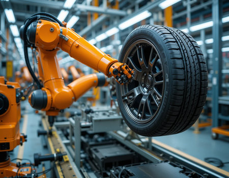 Industrial robot assembly line in factory. Smart industry 4.0 conceptの素材