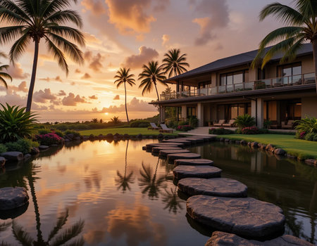 Luxury villa with swimming pool and palm trees at sunsetの素材