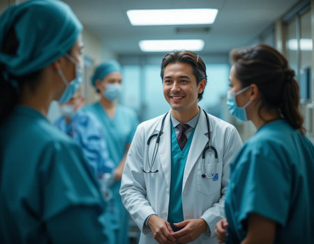 Portrait of confident male surgeon standing with colleagues in corridor at hospitalの素材