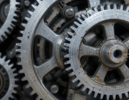 Close-up of gear wheels, industrial background. Conceptual imageの素材