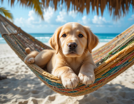 Cute Golden Retriever puppy in hammock on the beachの素材