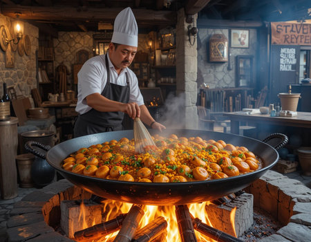 Chef cooking meatballs in a wok in a restaurant kitchenの素材