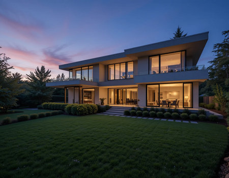 Luxury house with garden in the evening. Nobody inside.の素材