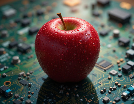 Red apple on a circuit board with microchips and microchipsの素材