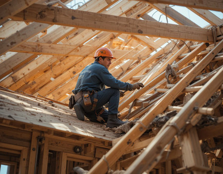 Construction worker working on the roof of a wooden house with a hammerの素材